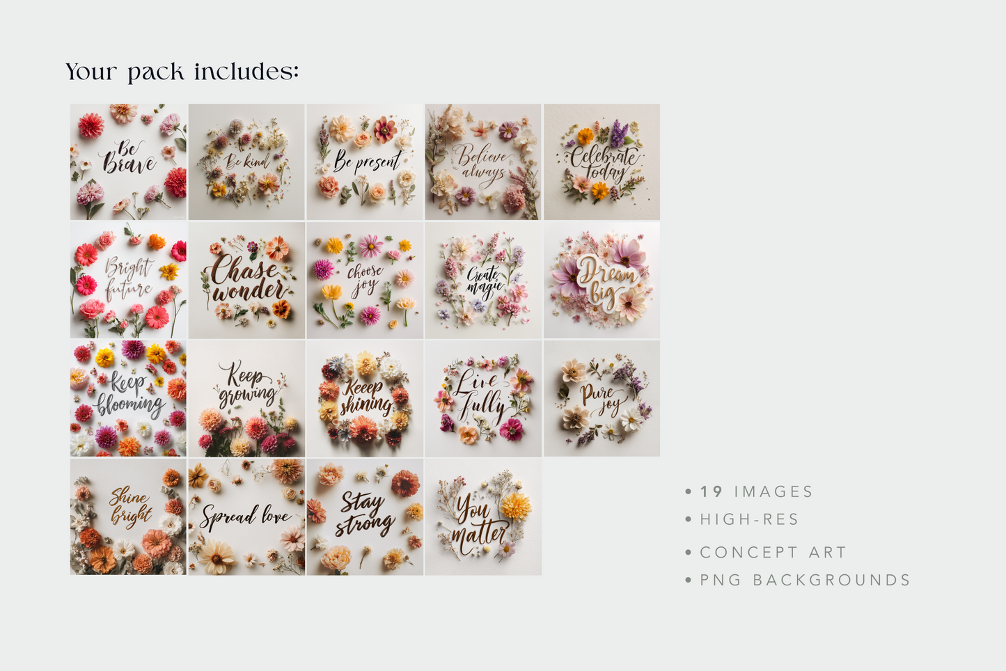 Collection of floral designs with motivational phrases on a white background