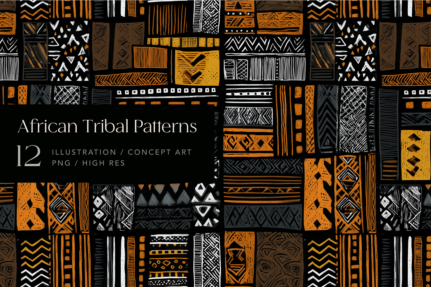 Collection of African tribal patterns with a black background