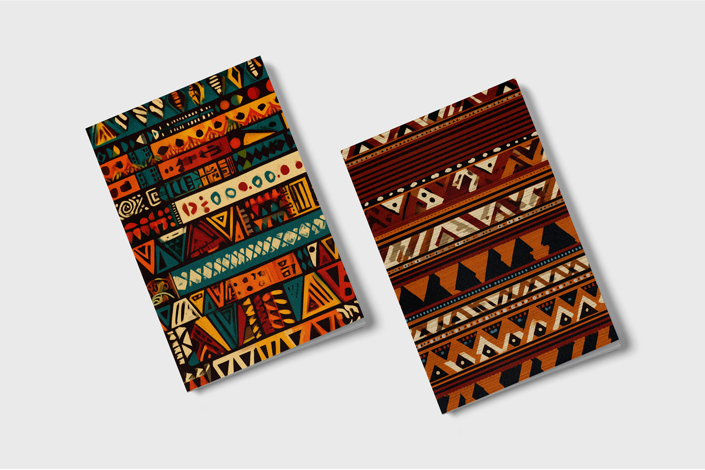 Two notebooks with tribal pattern covers on a light gray background