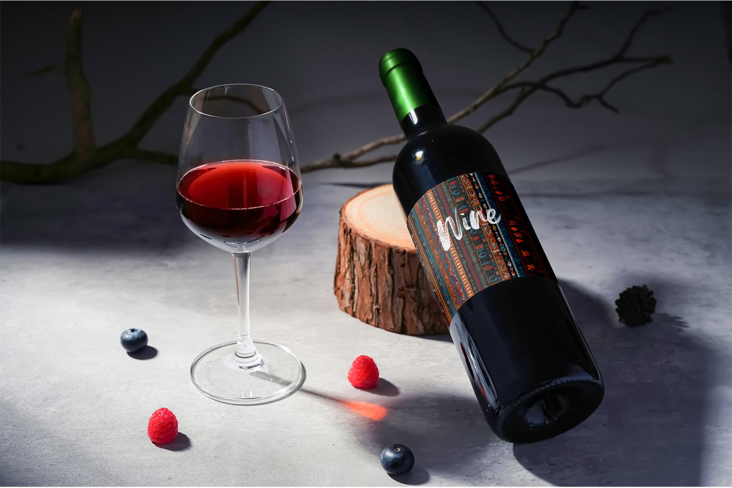 Wine bottle and glass on a wooden surface with berries