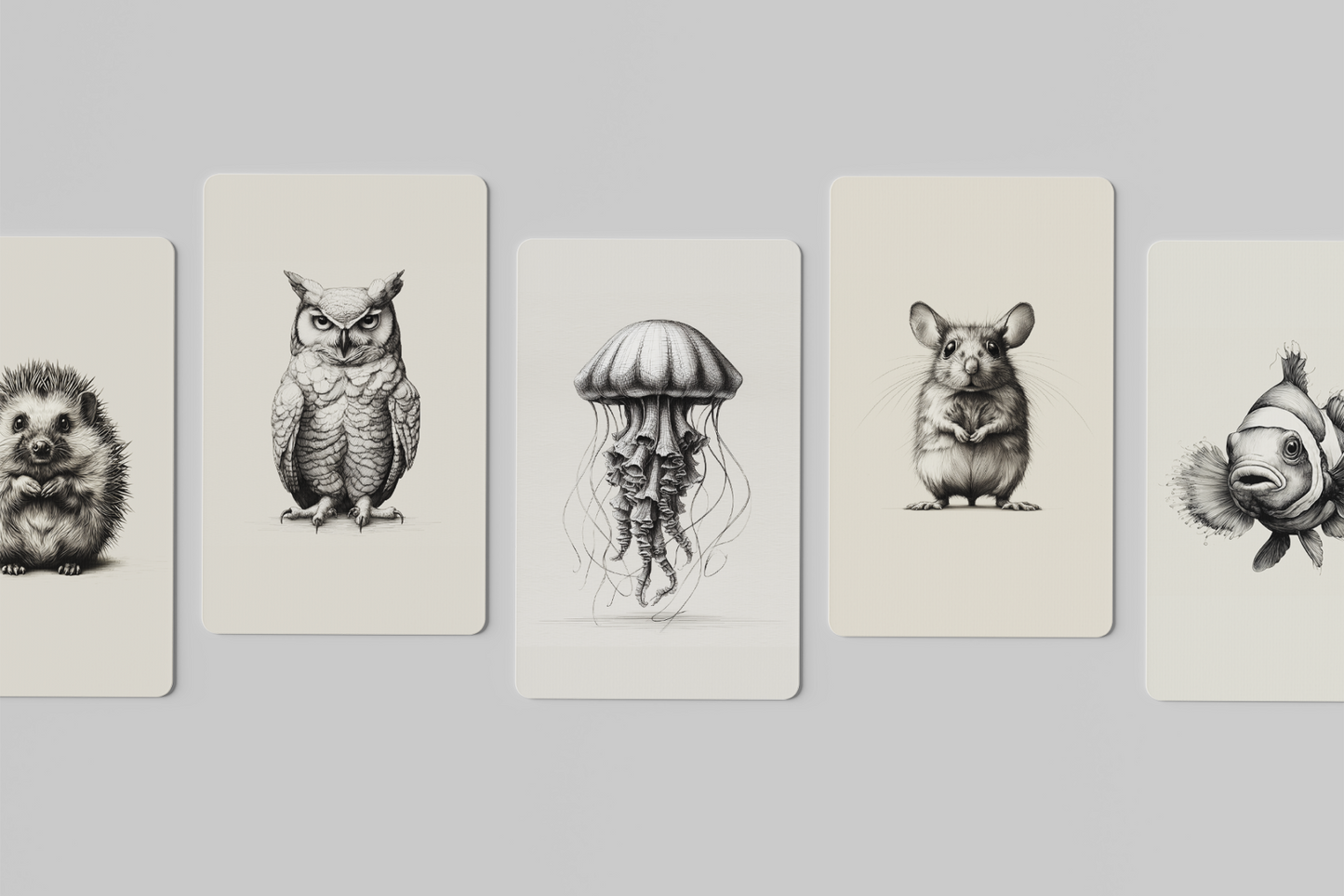 Set of five illustrated cards featuring animals on a gray background