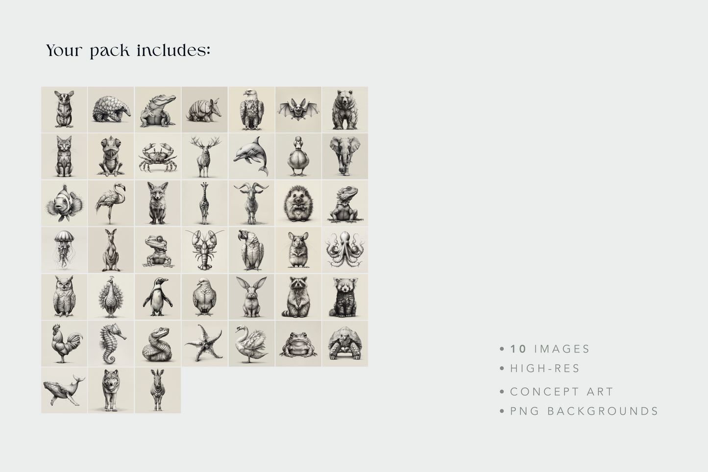 Collection of black and white illustrations on a beige background with text indicating product details.