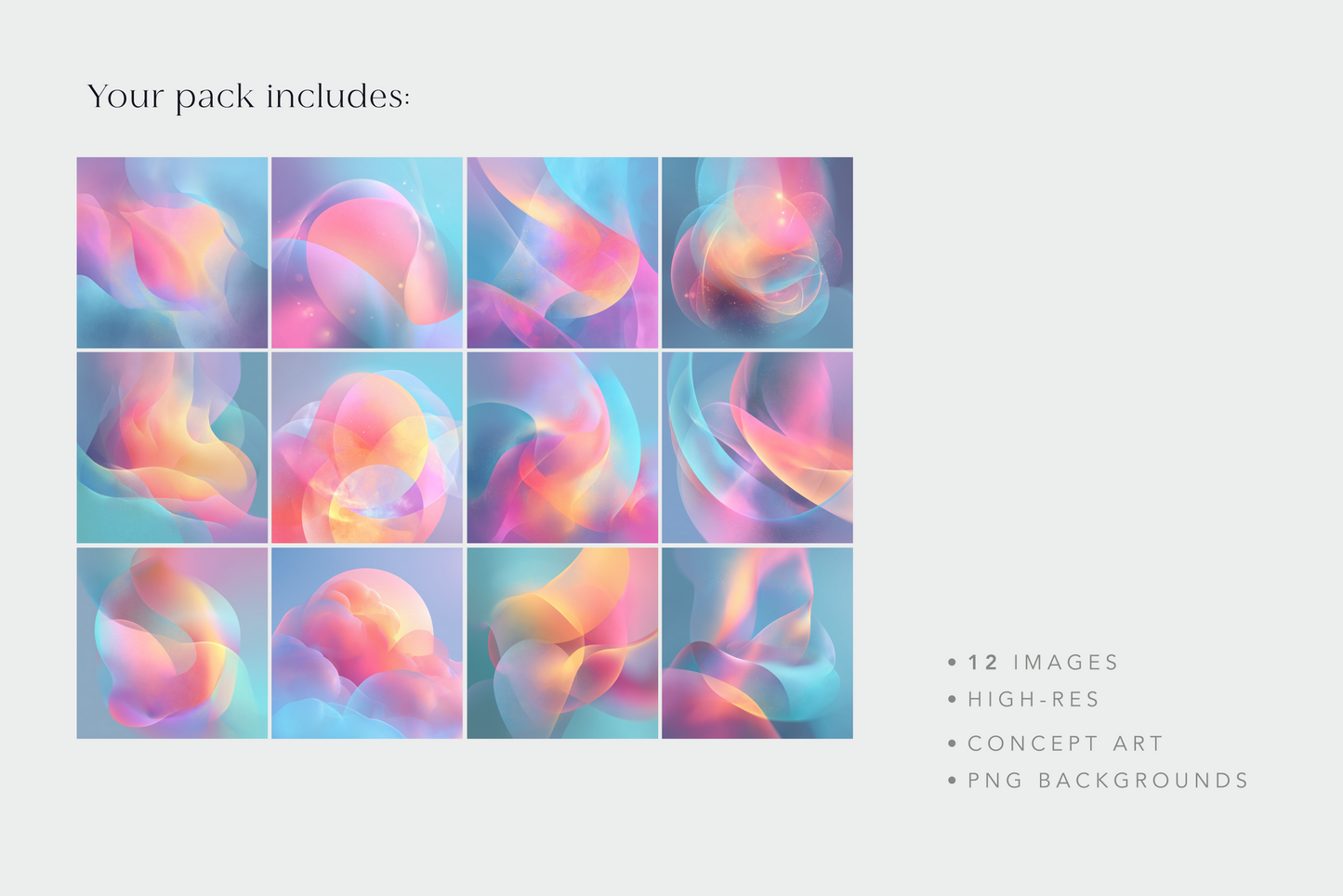 Grid of colorful abstract patterns with text indicating package contents.