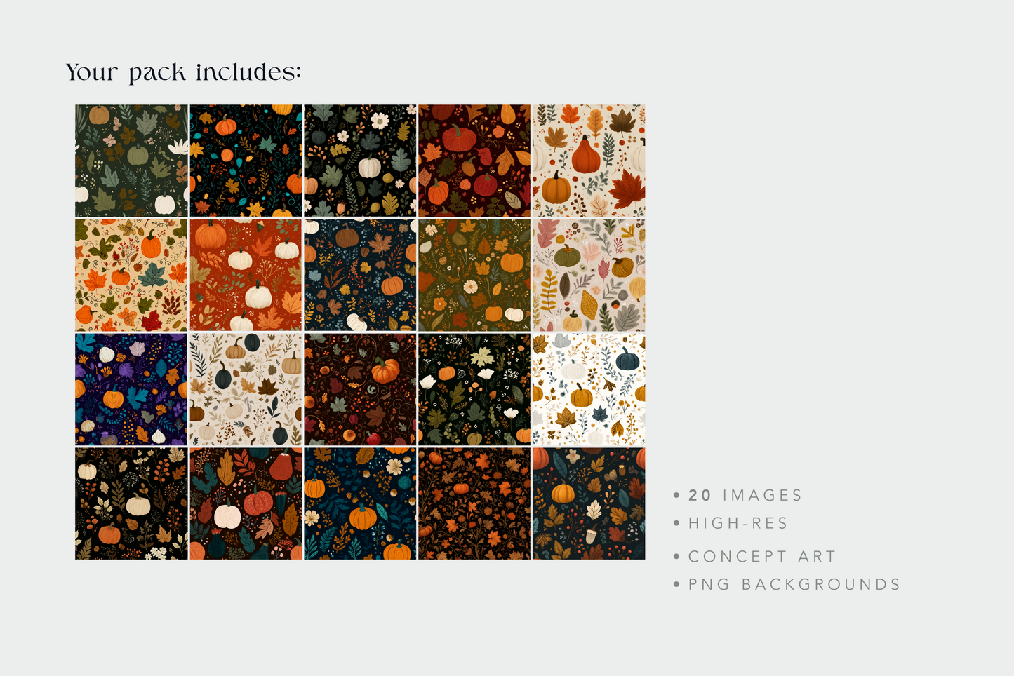 Grid of autumn-themed patterned backgrounds with pumpkins and leaves on a white background.