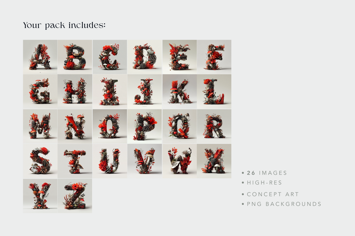 Alphabet letters made of flowers on a white background with text overlay.