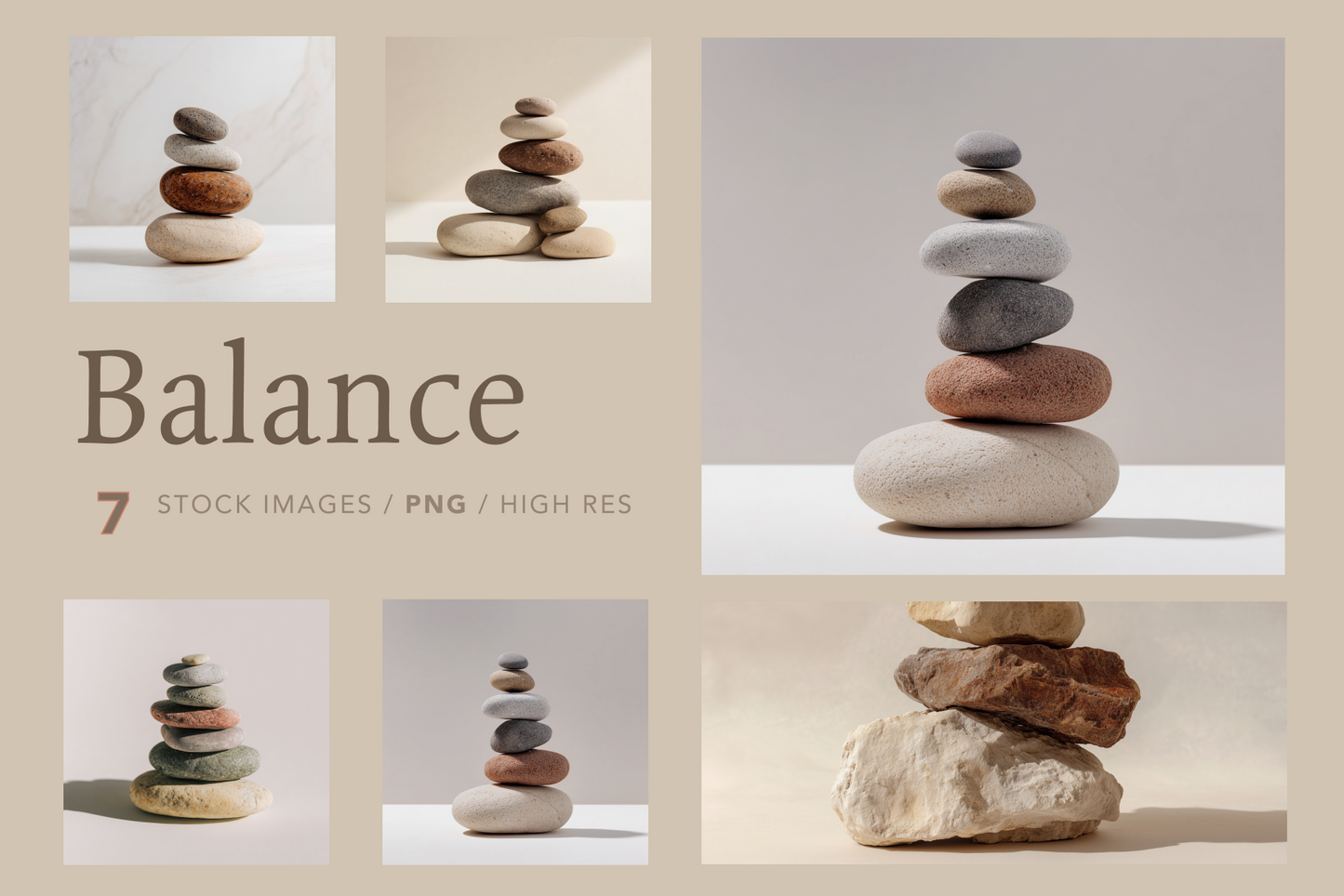 Collage of stacked stones with 'Balance' text and product details.