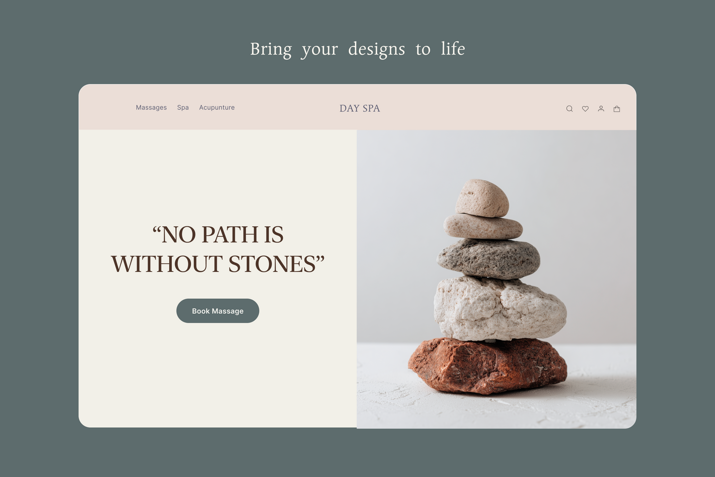 Stylized website design with stones and text on a gray background
