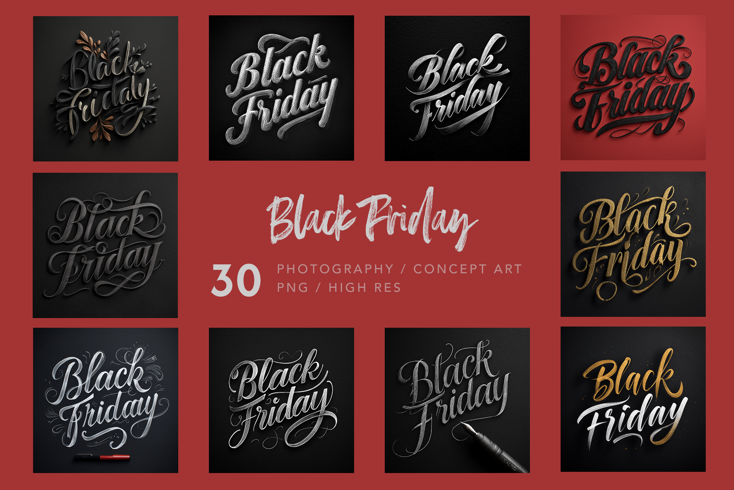 Collection of 'Black Friday' themed text designs on a red background