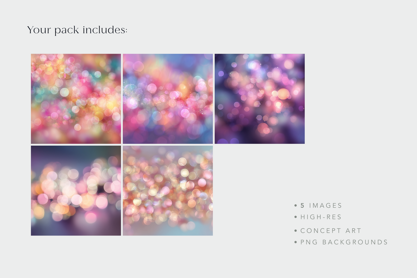 Promotional text for a pack of abstract bokeh images with colorful blurred lights on a light gray background.