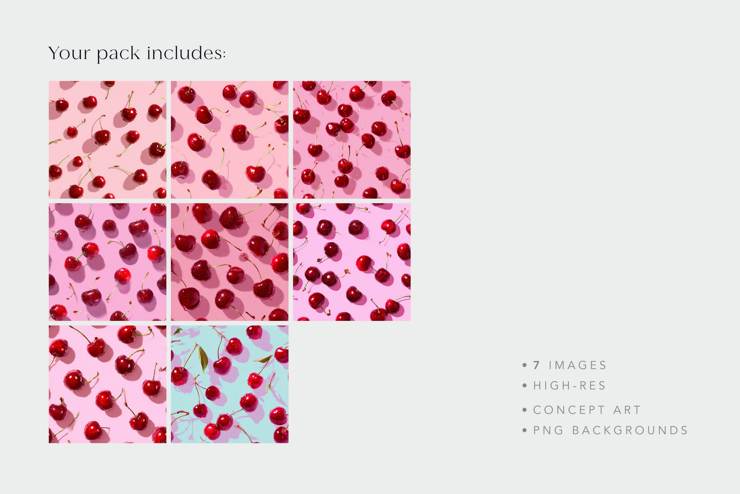 Pack of cherry pattern images on pink and blue backgrounds with text overlay.