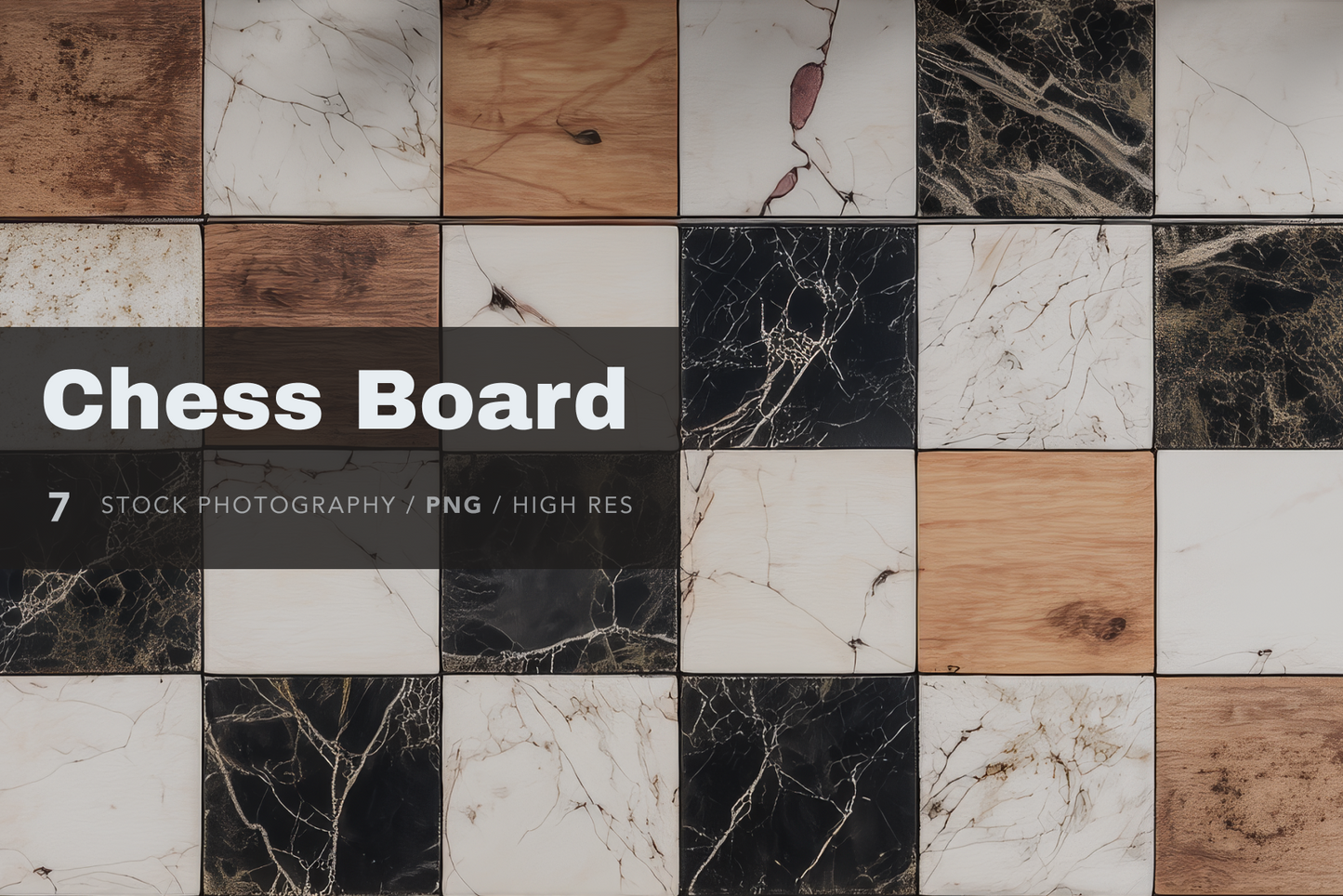 Chess board with marble and wood pattern tiles