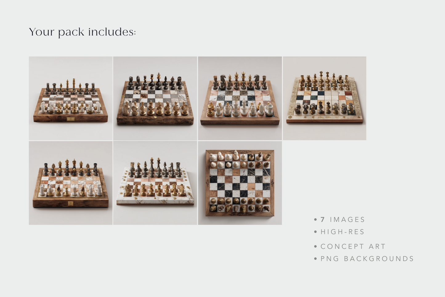 Set of chess boards and pieces on a white background with text indicating product details.