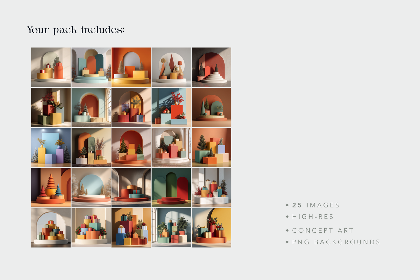 Collage of 25 high-resolution images with colorful abstract designs on a light gray background.