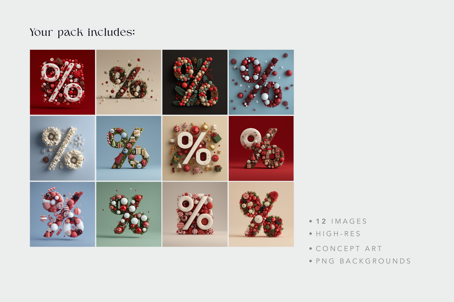 Grid of decorative '%', '%%', and '%%%%' symbols on colorful backgrounds with text indicating product details.