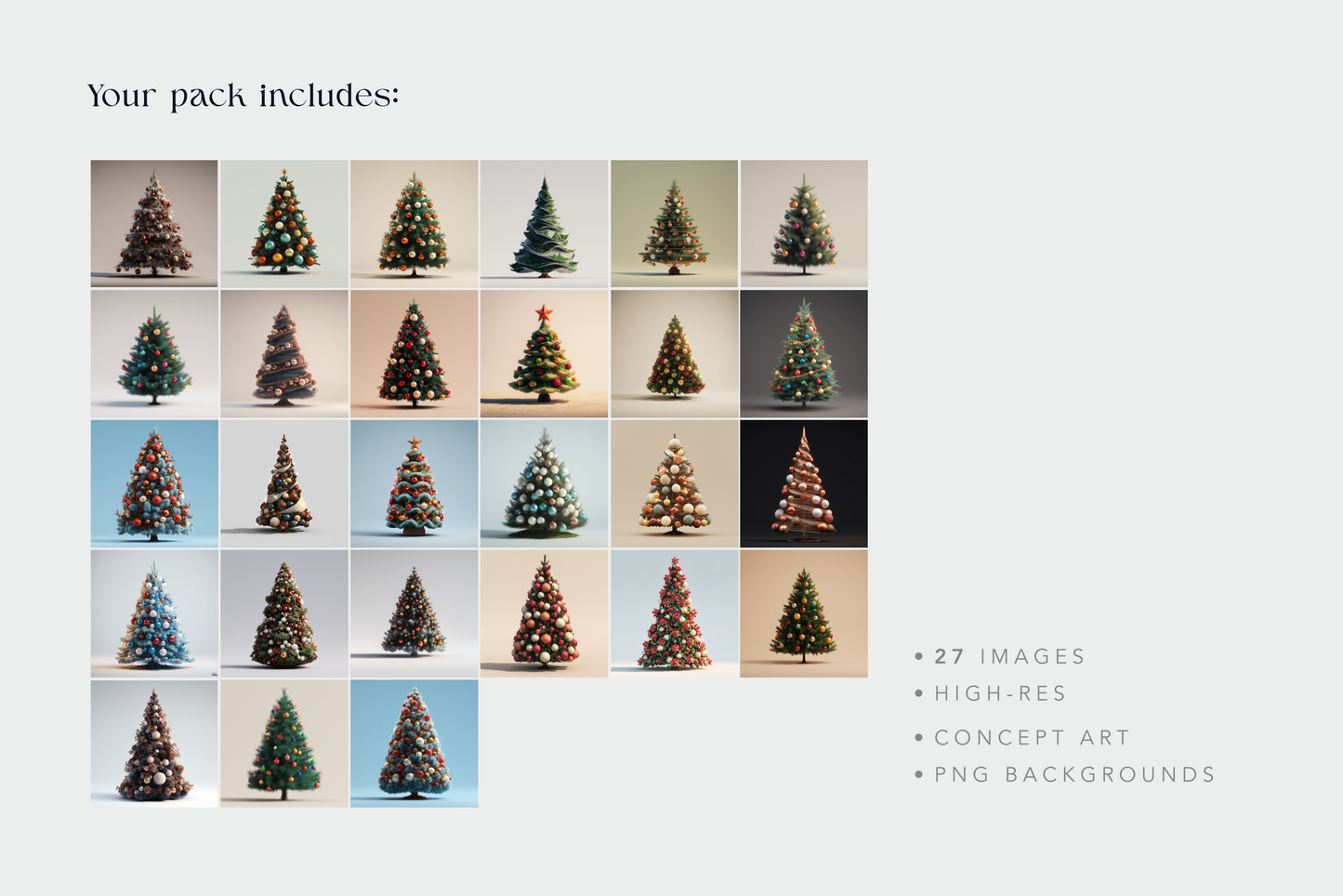 Grid of Christmas tree illustrations with a text overlay on a light gray background
