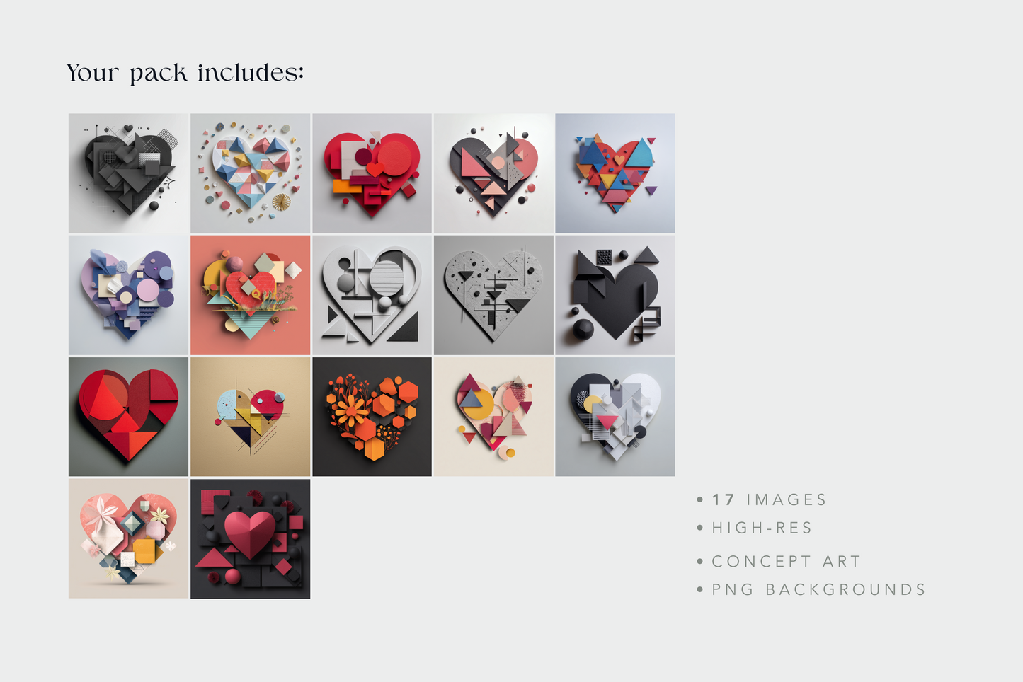 Collection of colorful heart-shaped designs on a white background