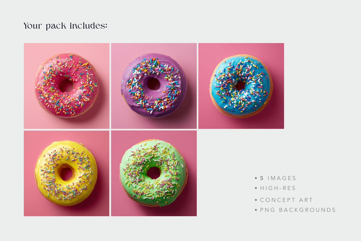 Five colorful donuts with sprinkles on a pink background, including text about image pack details.