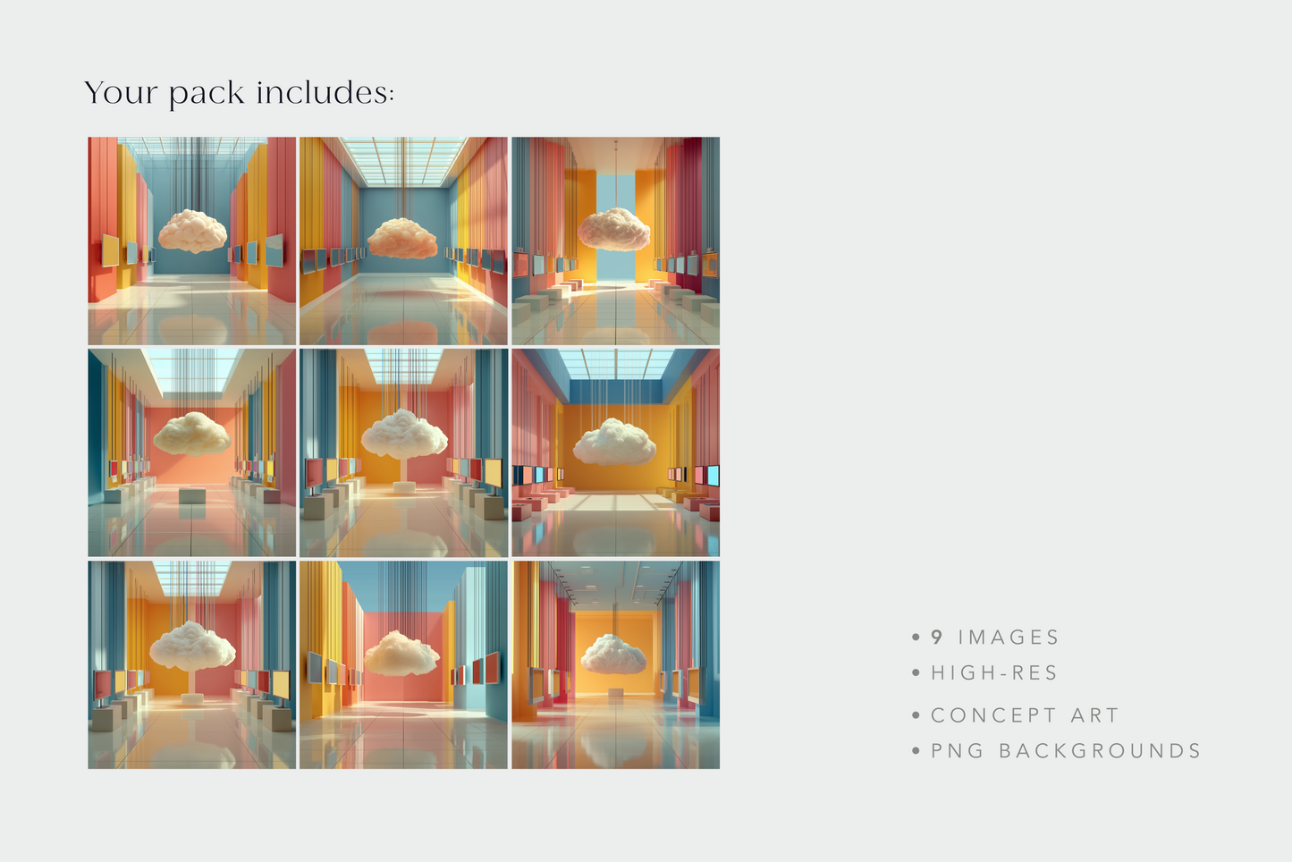Pack of nine high-resolution concept art images with colorful rooms and clouds.