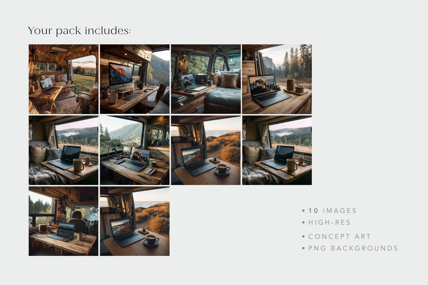 Collage of interior shots of a vehicle with a laptop, featuring scenic views.