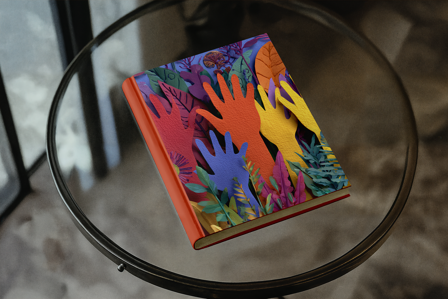 Colorful notebook with hand designs on a glass table