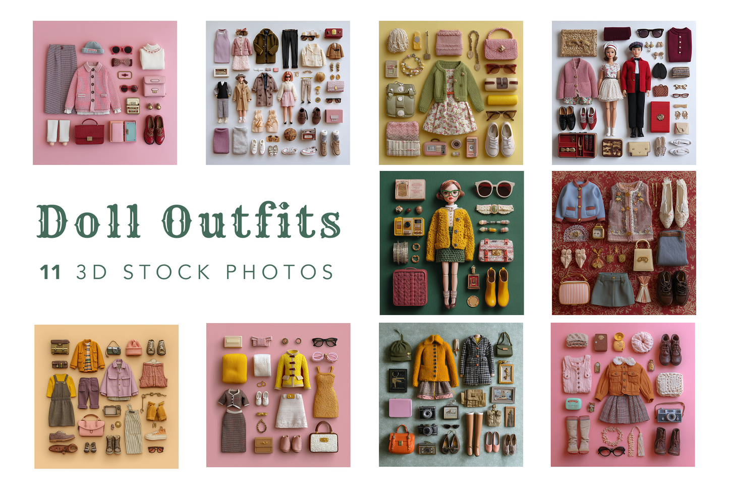 Collection of doll outfits displayed on a grid with text indicating 'Doll Outfits' and '11 3D Stock Photos'.