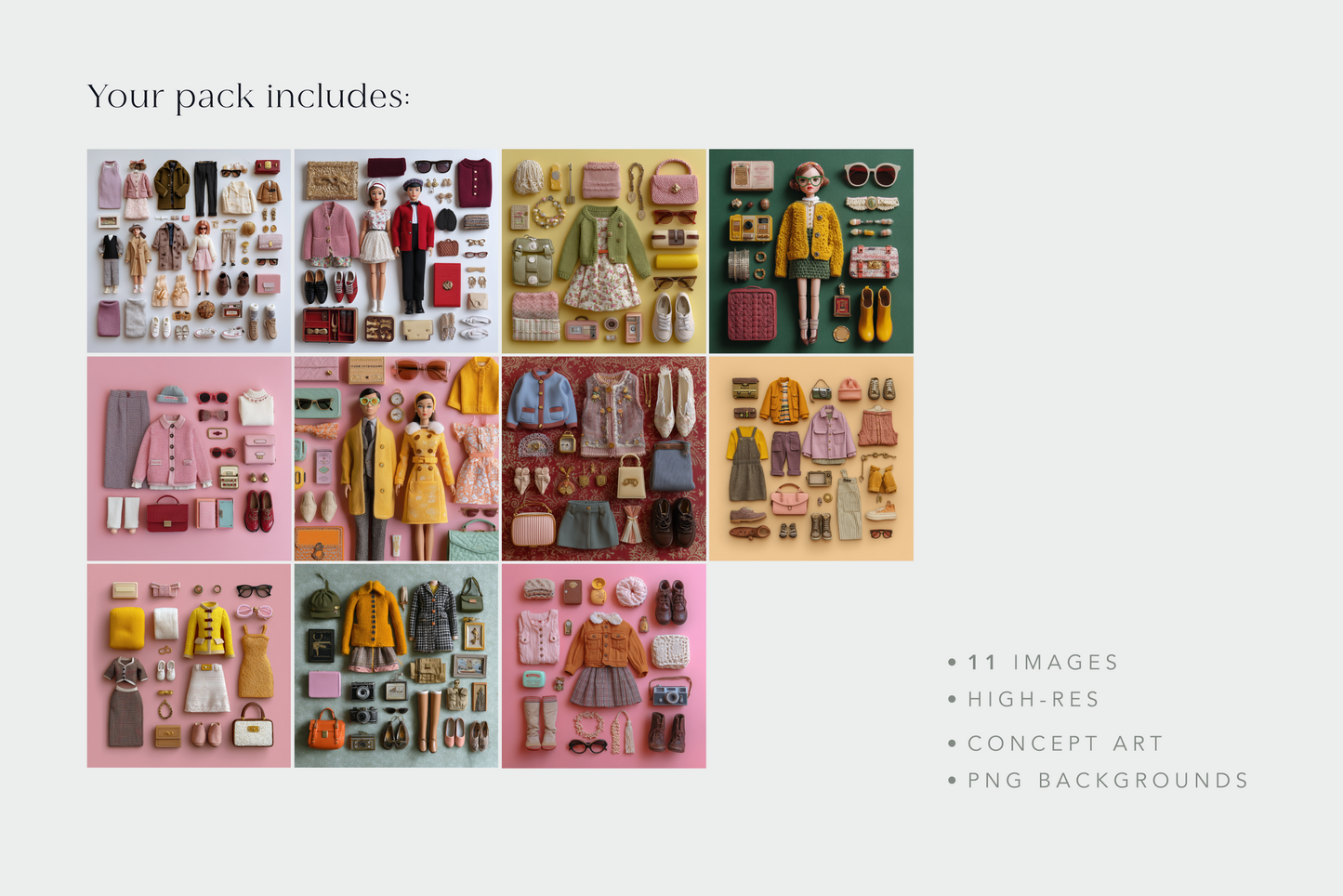 Collection of fashion dolls and accessories with a grid layout on a light gray background.