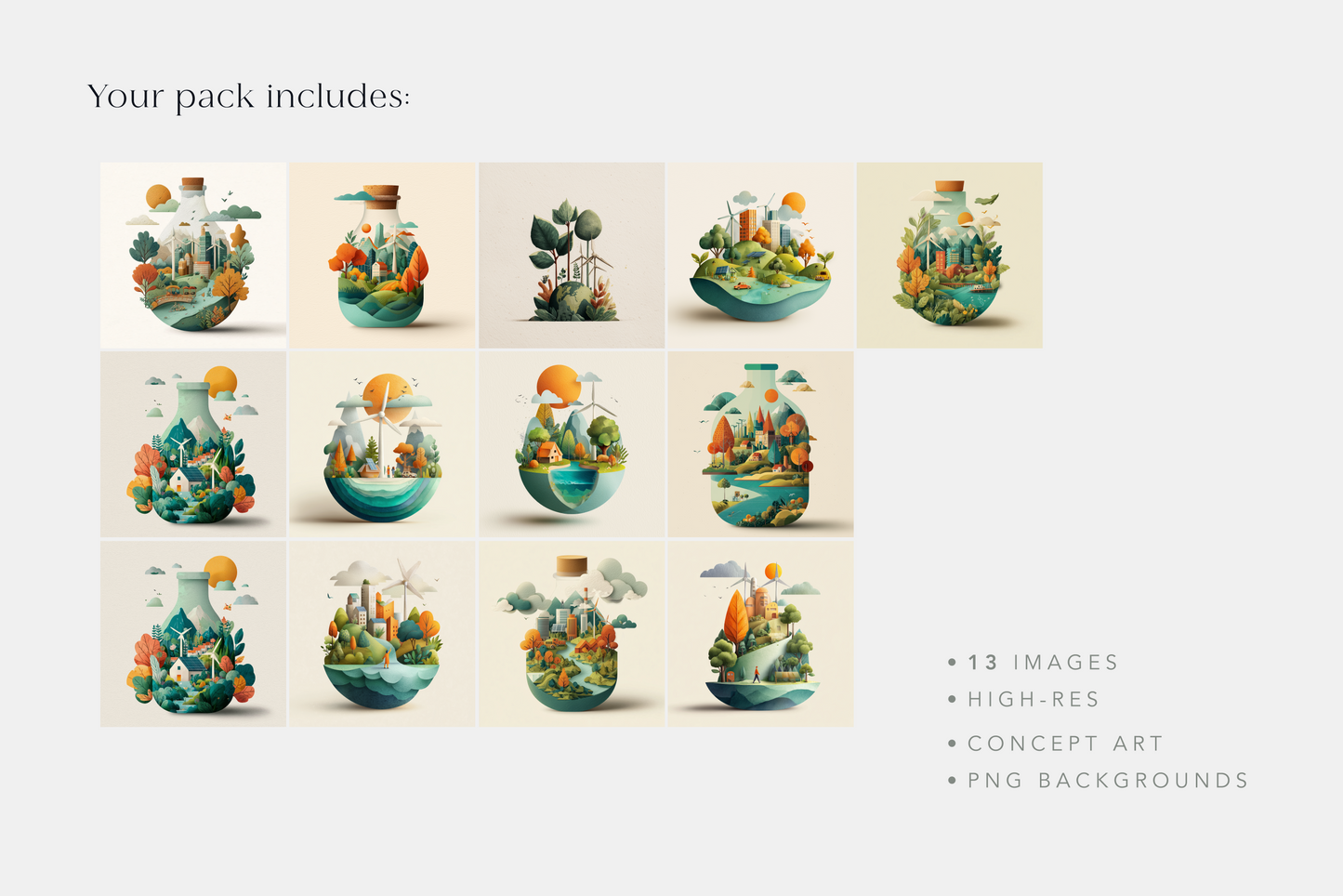 Collection of concept art illustrations with a scenic design on a beige background.