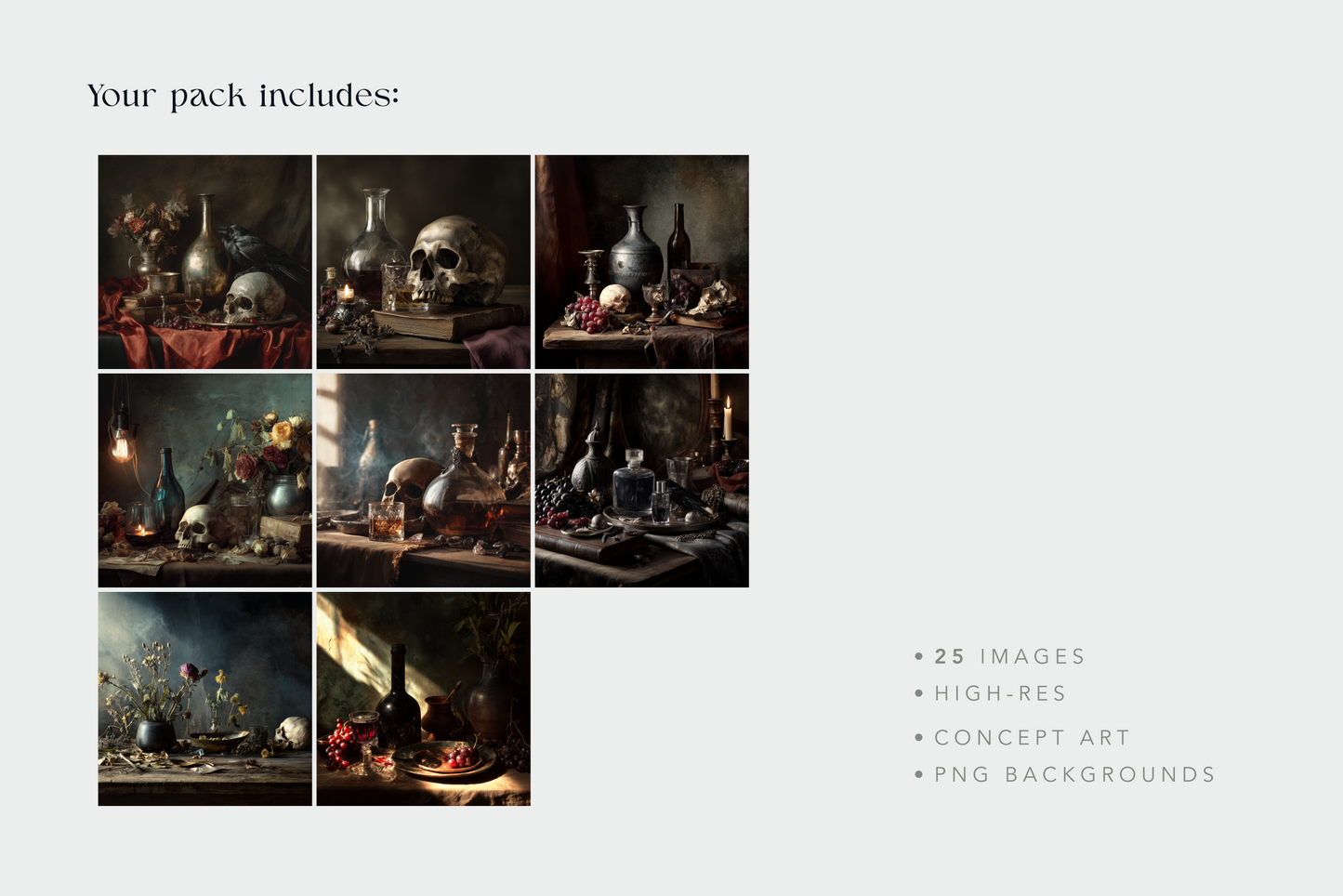 Promotional image of a pack with still life art images featuring skulls and bottles.