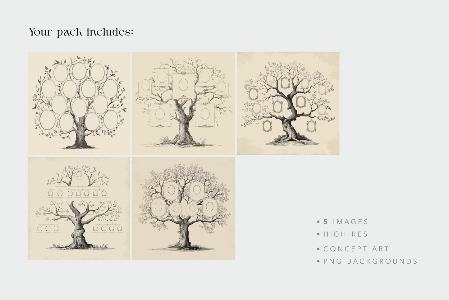 Set of six family tree illustrations on a beige background with text indicating package contents.