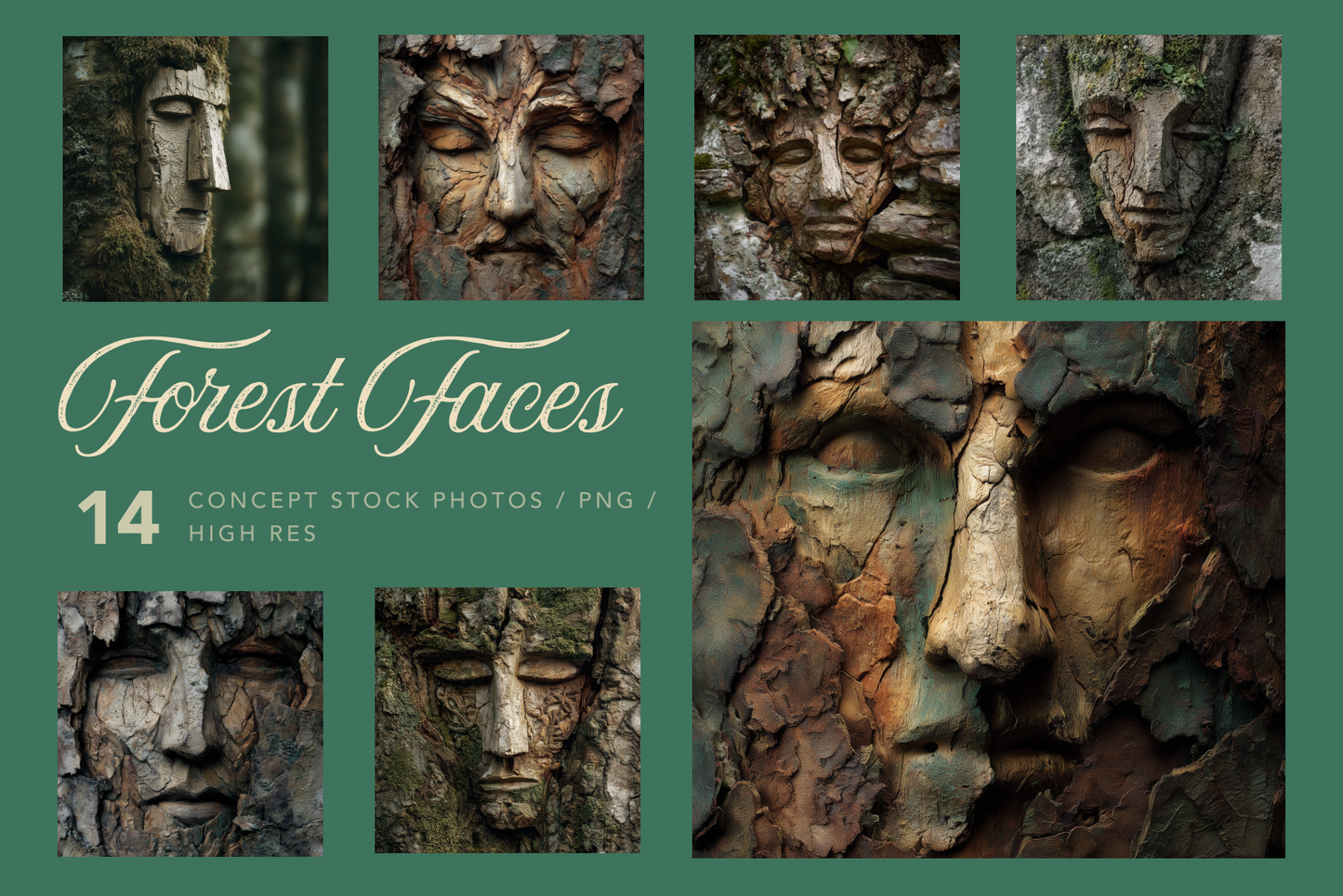 Promotional graphic for 'Forest Faces' stock photos with stone face sculptures.