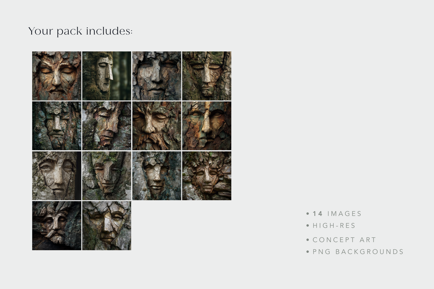 Packaged digital art with stone faces on a light gray background