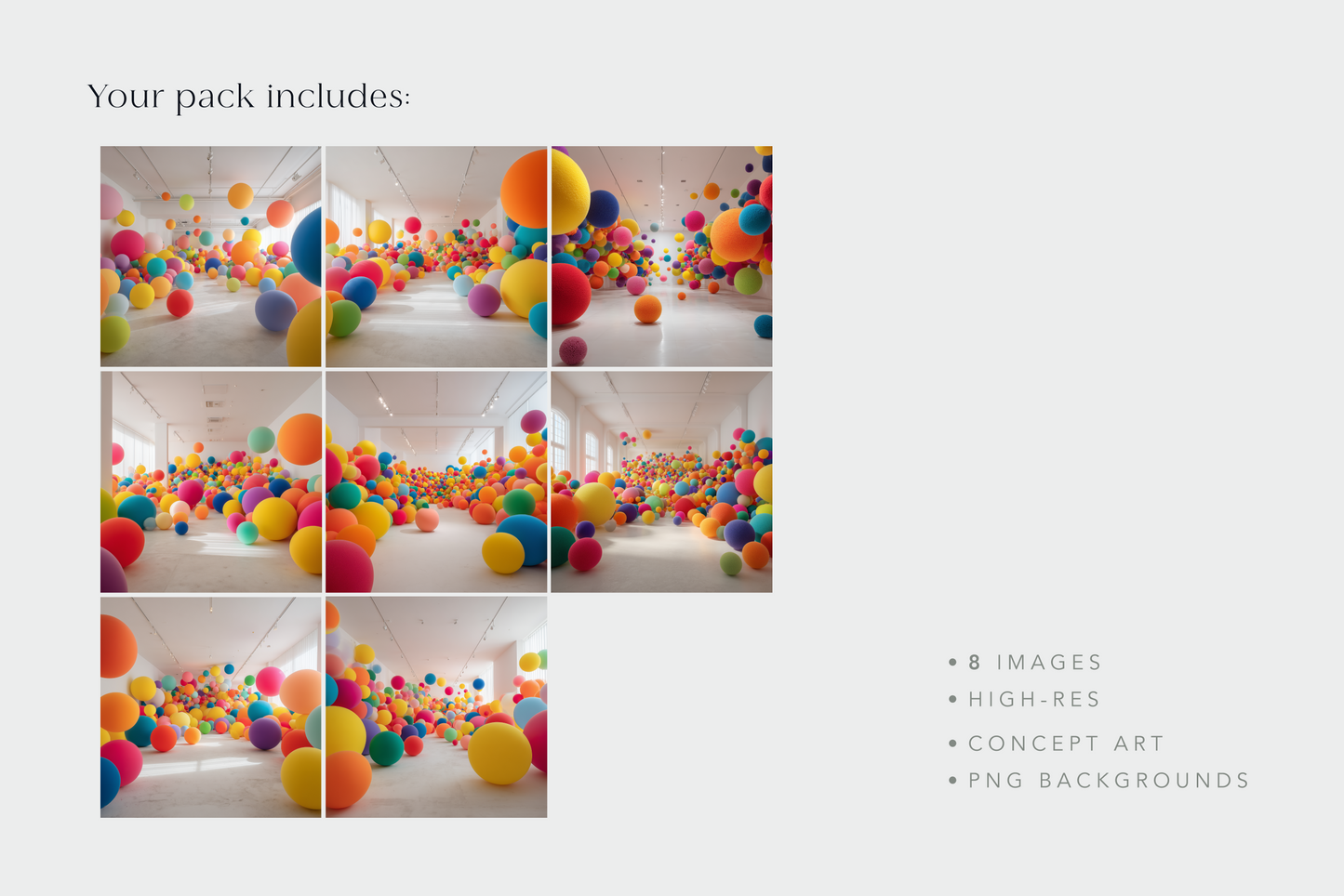 Collage of colorful balloons filling a room with text indicating included images and features.