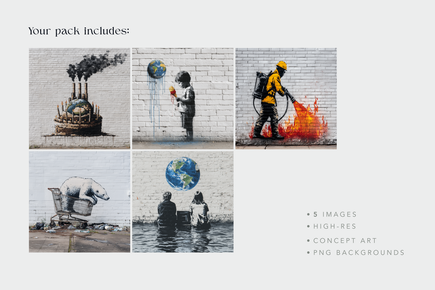 Set of five concept art images featuring environmental themes on a white background.
