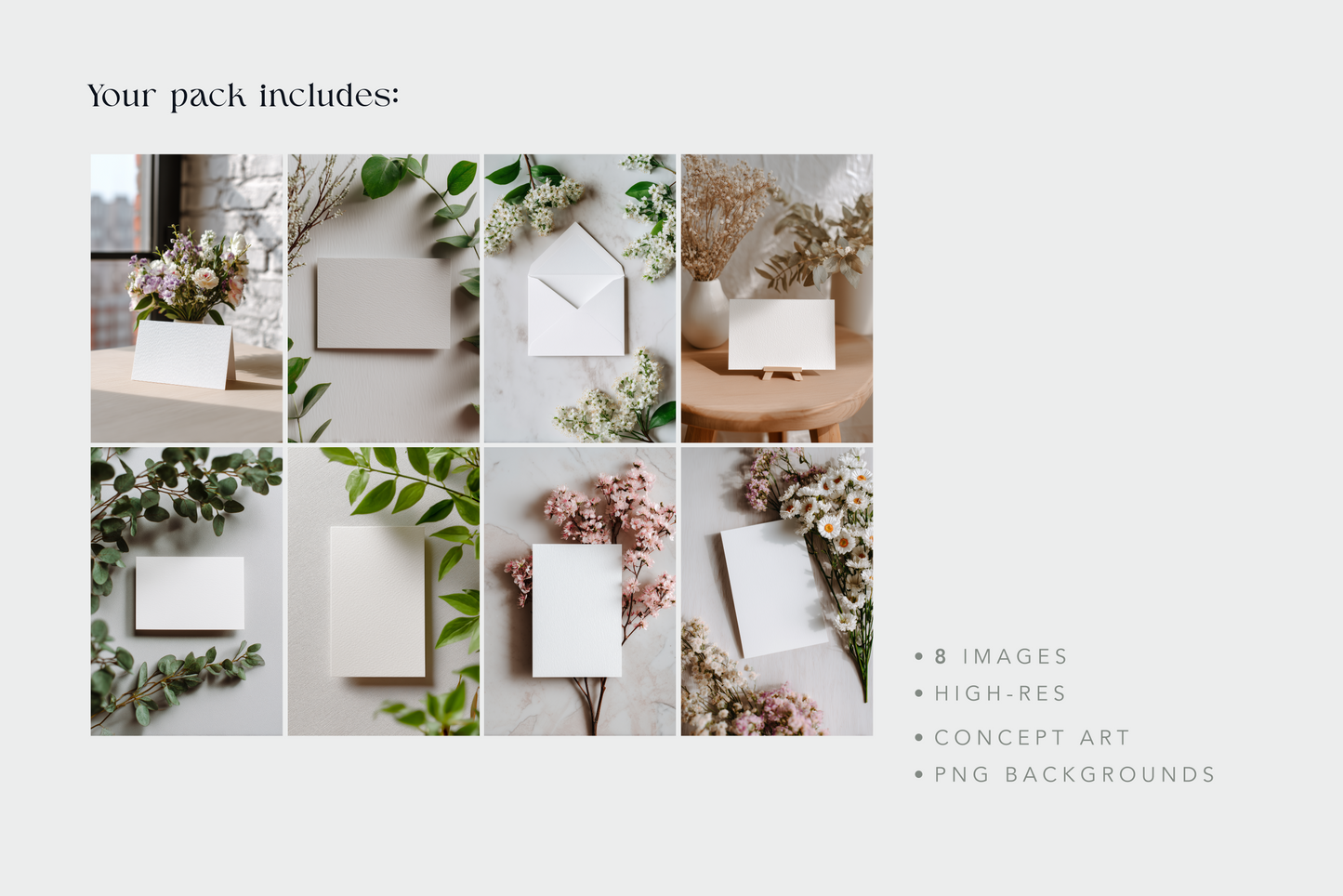 Collage of stationery items with flowers on a white background