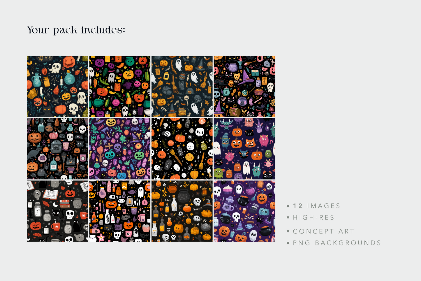 Halloween-themed pattern pack with various designs on a black background.