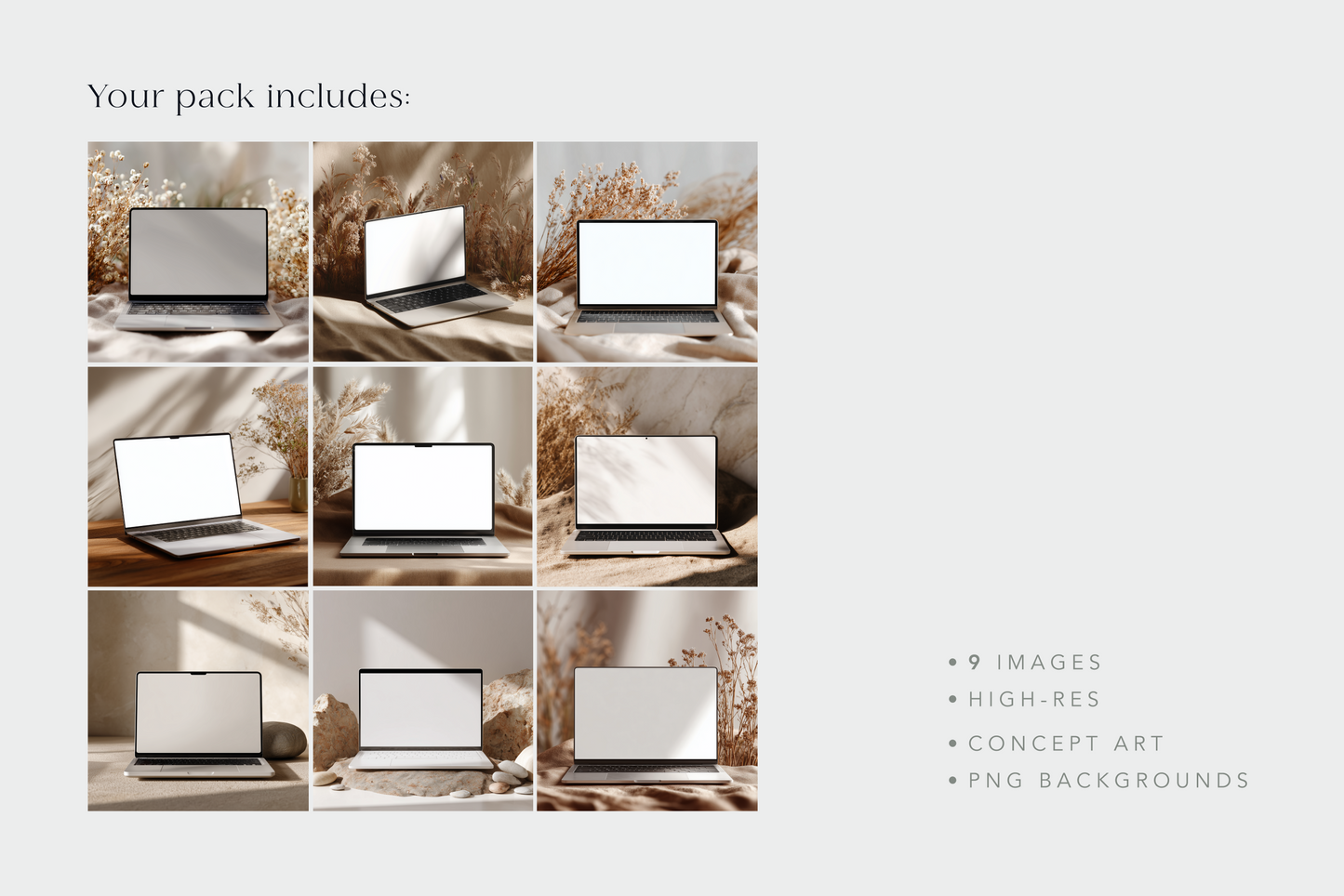 Collage of laptop mockups on a textured surface with text indicating product details.