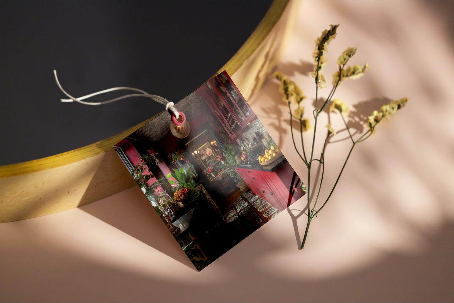 Book with a scenic cover on a textured surface with a plant