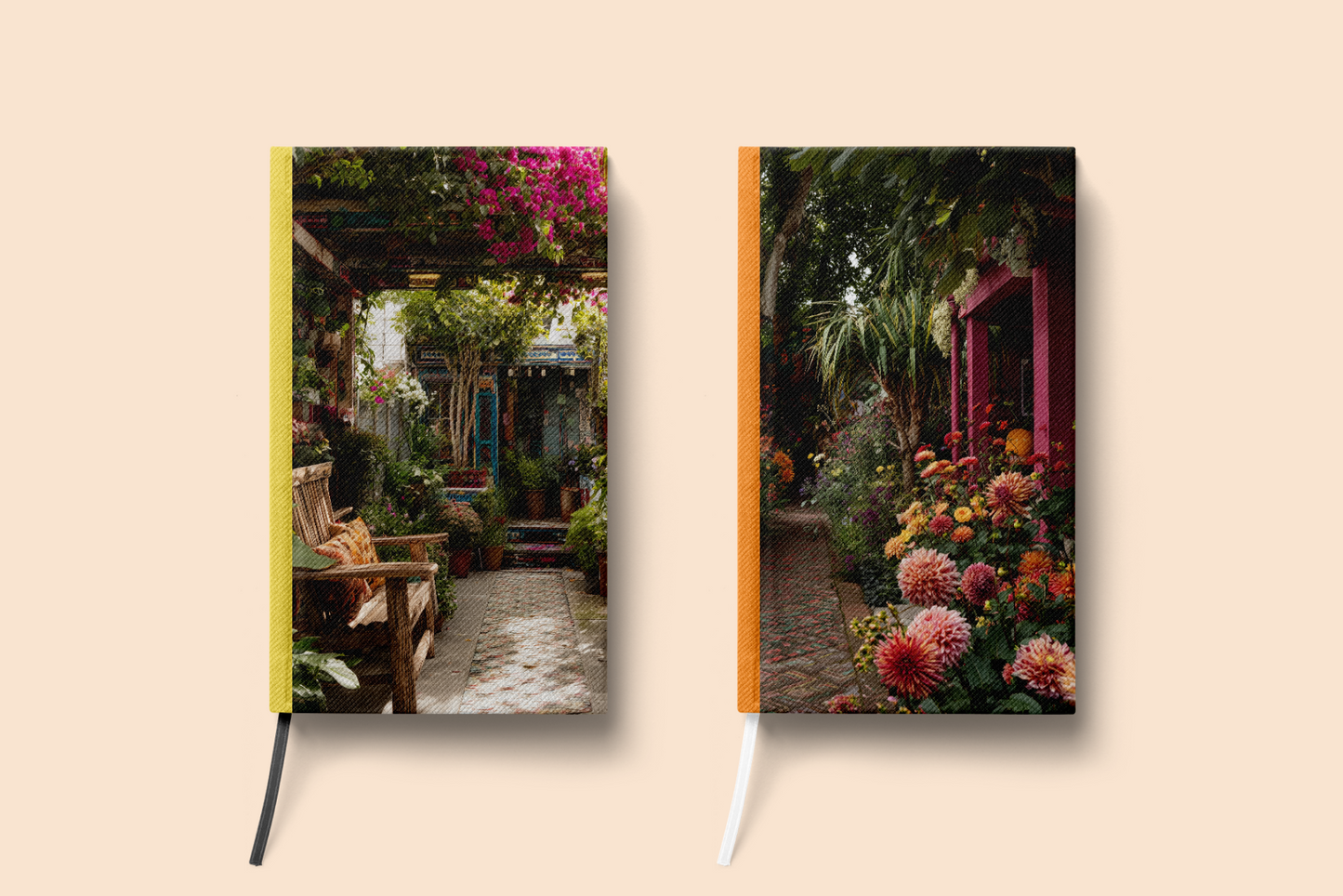 Two notebooks with garden scenes on a beige background