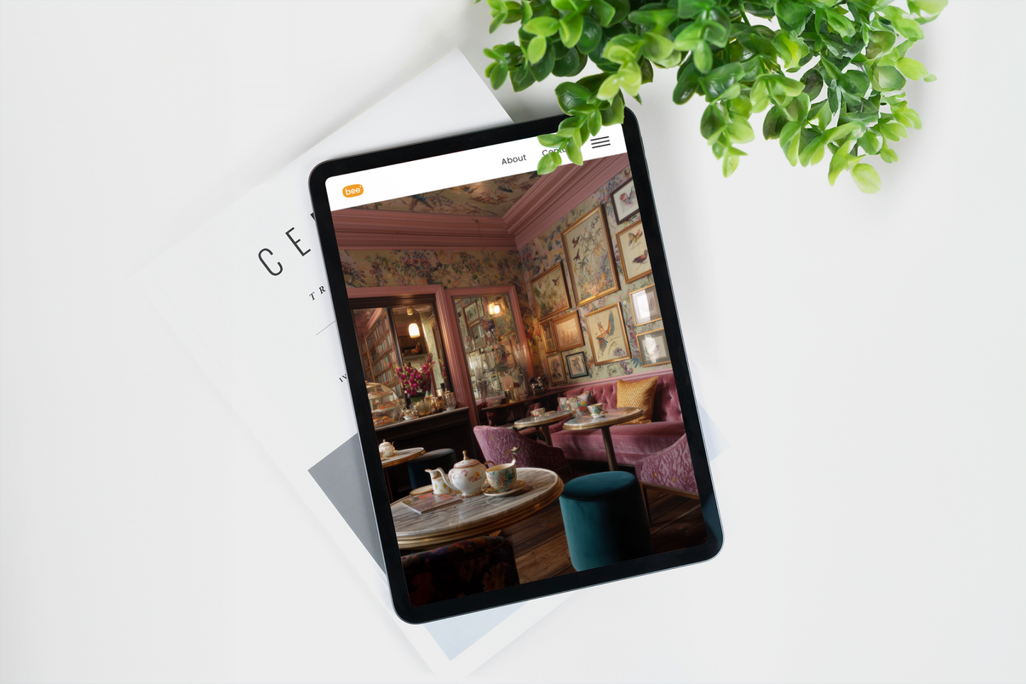 Tablet displaying a restaurant interior on a white surface with a plant