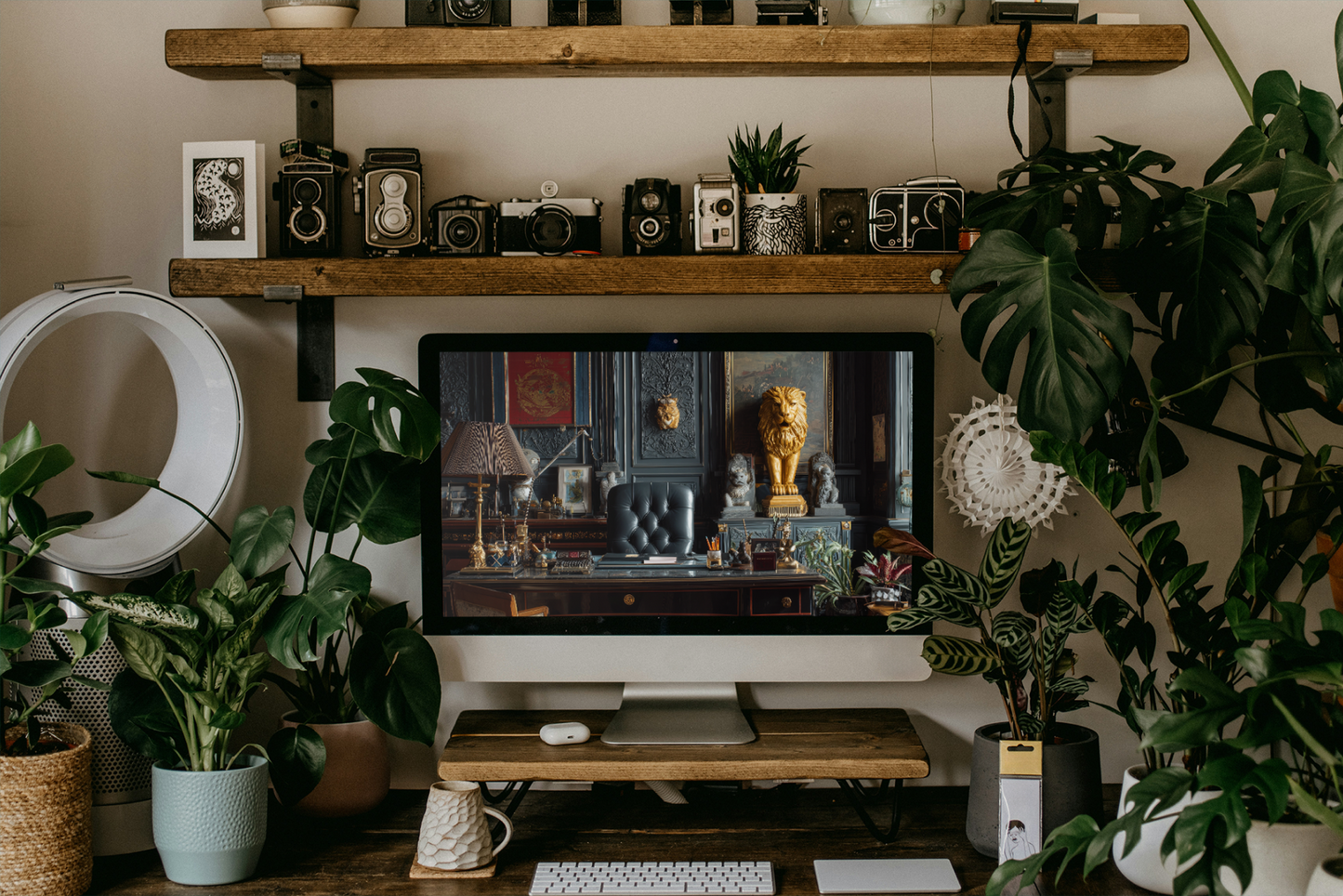Modern living room with a television on a wooden stand, surrounded by plants and decorative items.