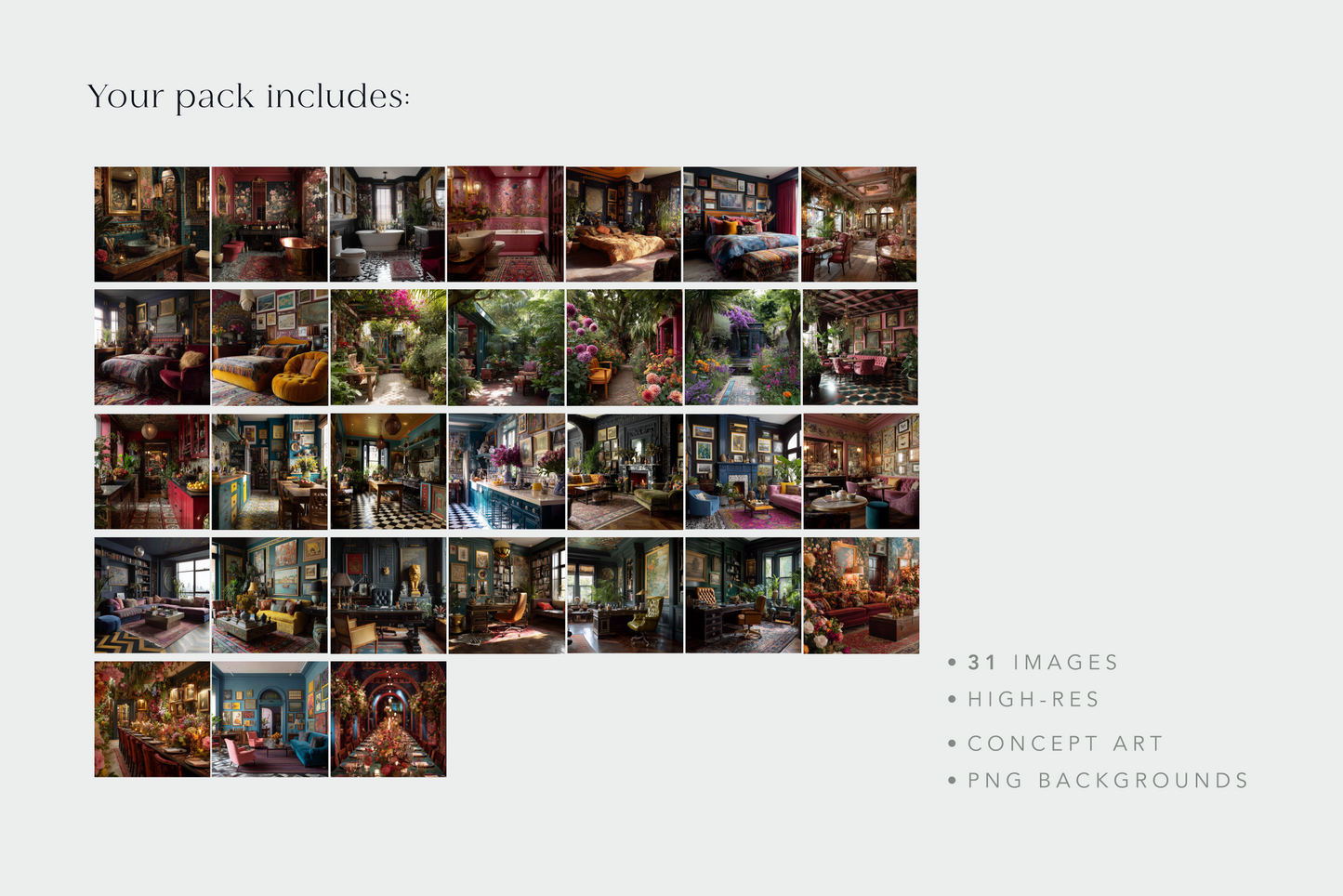 Collage of interior design images with text indicating the pack includes 31 images, high-res concept art, and no backgrounds.