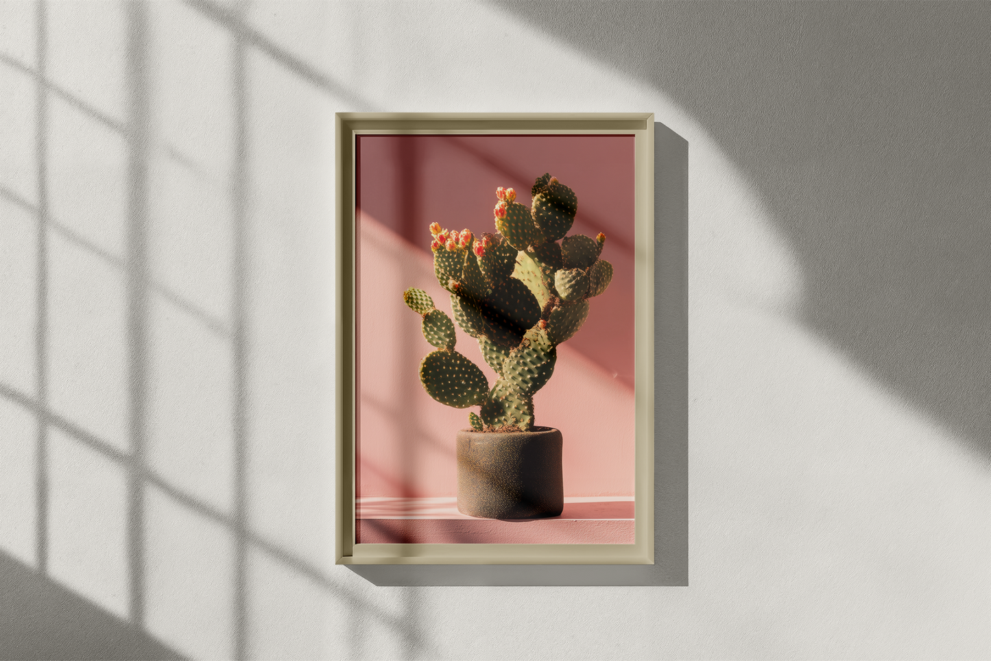 Framed picture of a cactus plant on a pink background