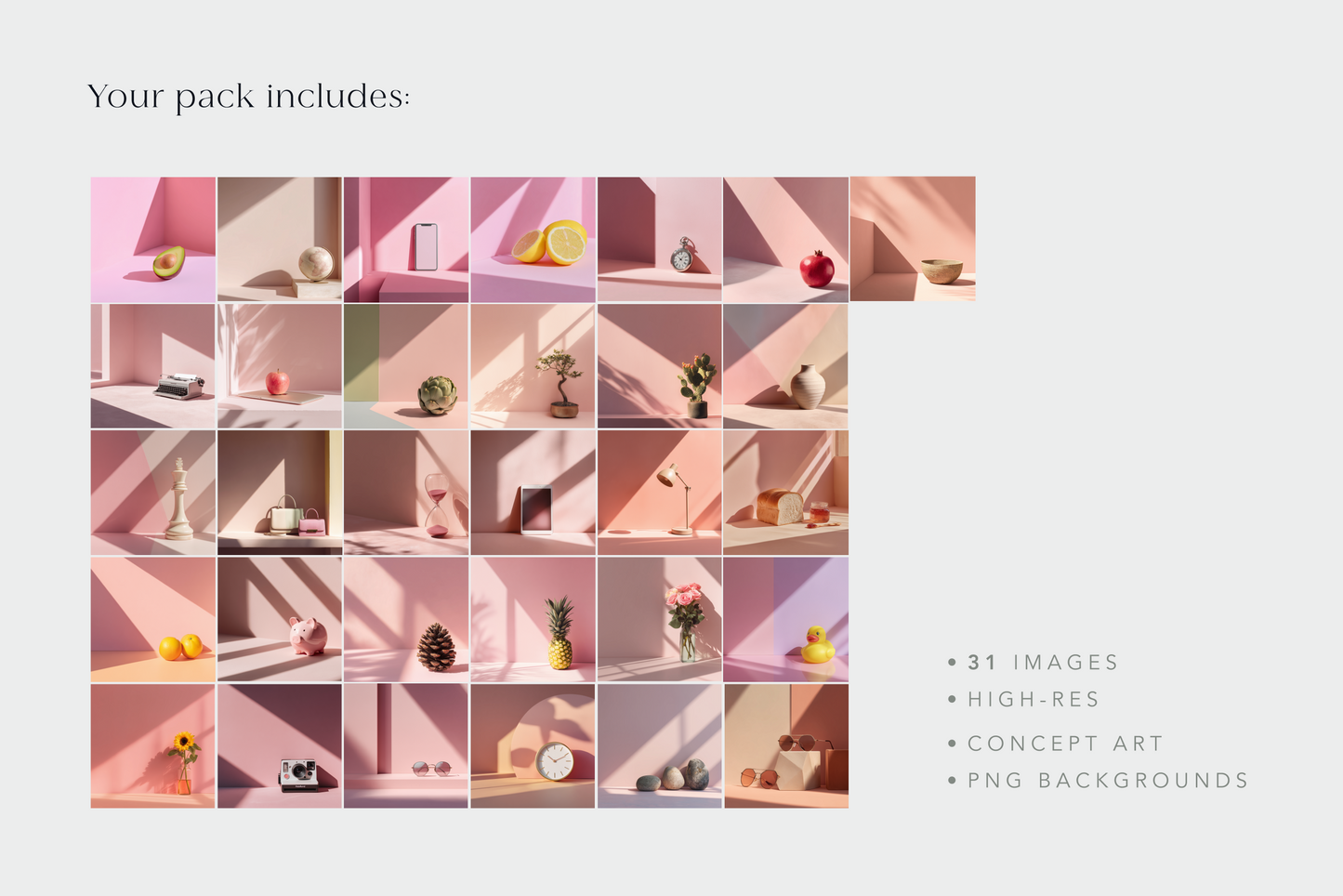 Collage of small shelves with various items against a pink geometric patterned background