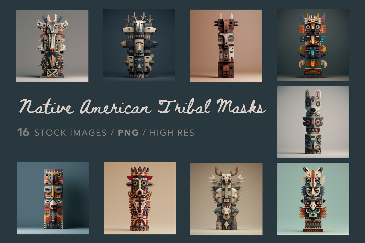 Collage of Native American tribal masks with a dark blue background and text indicating stock images.