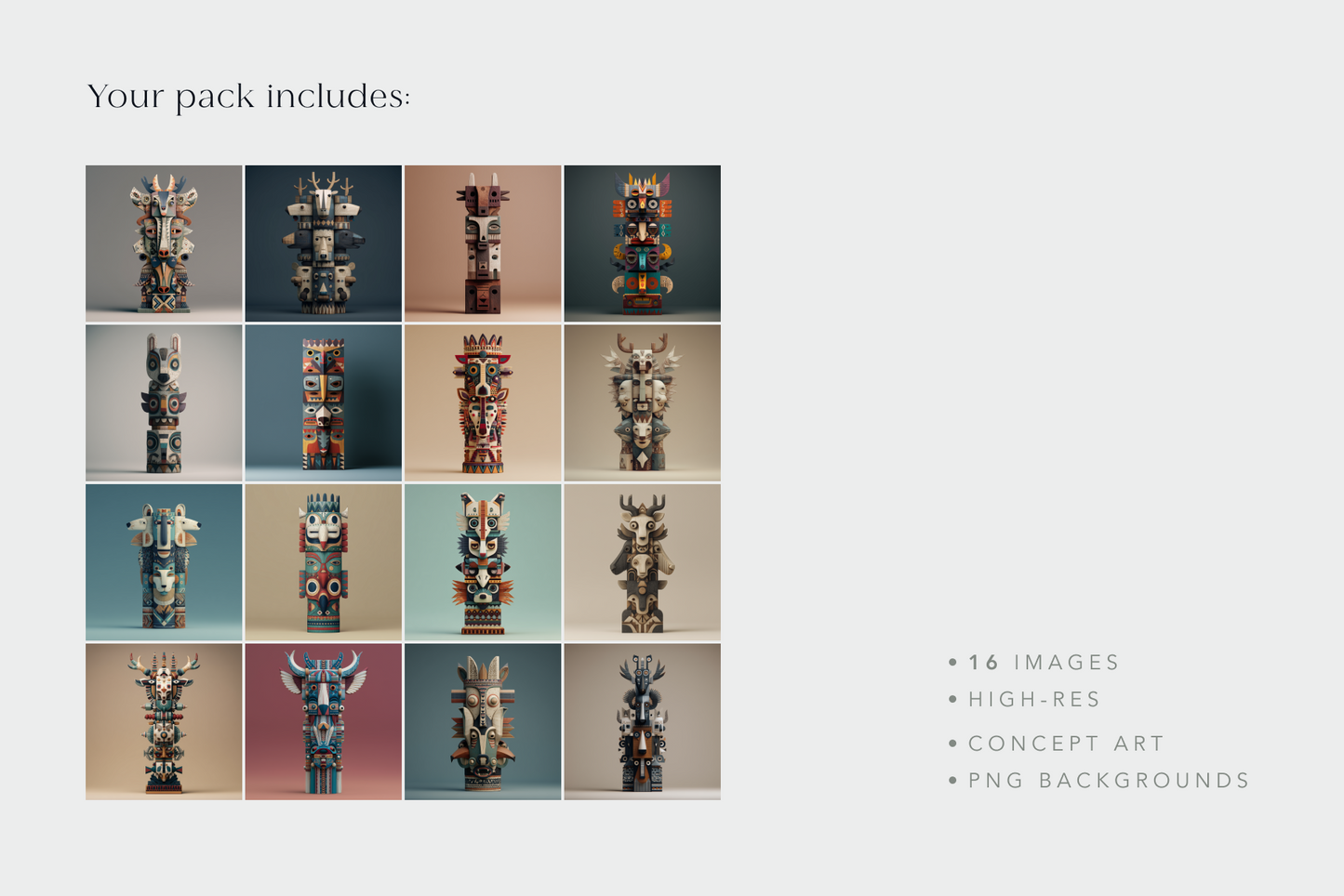 Grid of concept art images with tribal-themed sculptures on a light gray background.