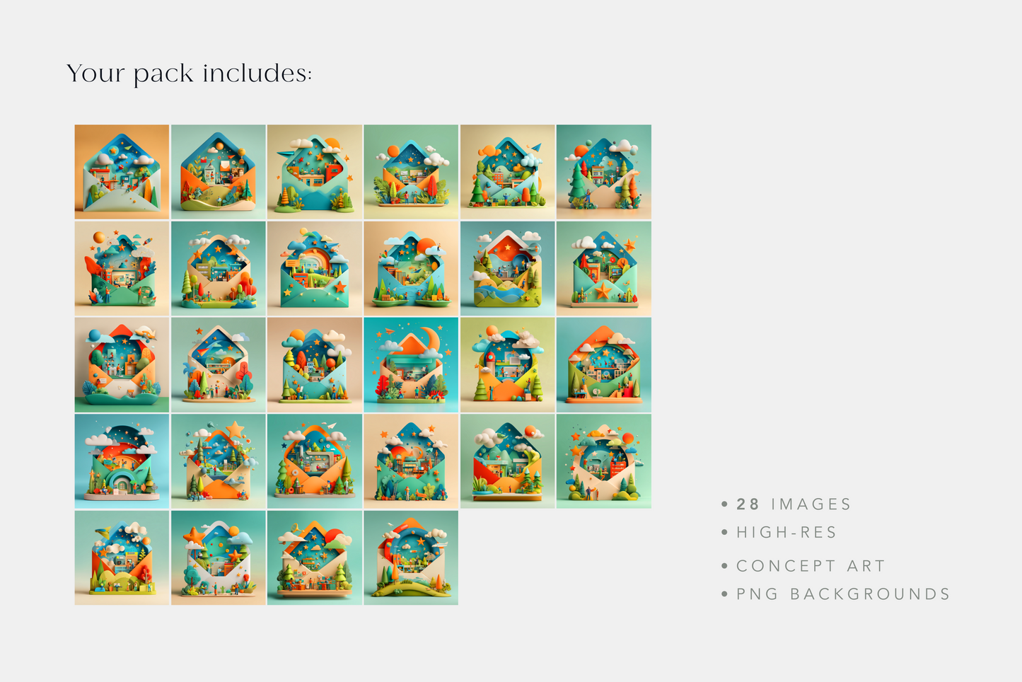 Collection of 28 images with a character in a hat on a light blue background