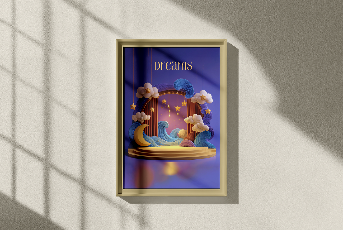 Framed artwork with 'dreams' text and decorative elements on a purple background