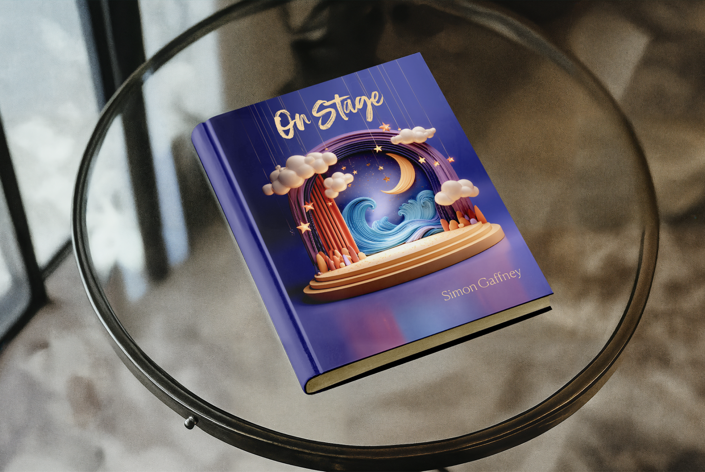 Book titled 'On Stage' by Simon Gaffney on a glass table