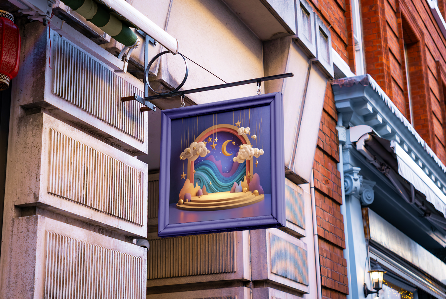 Decorative sign with a colorful design on a building exterior