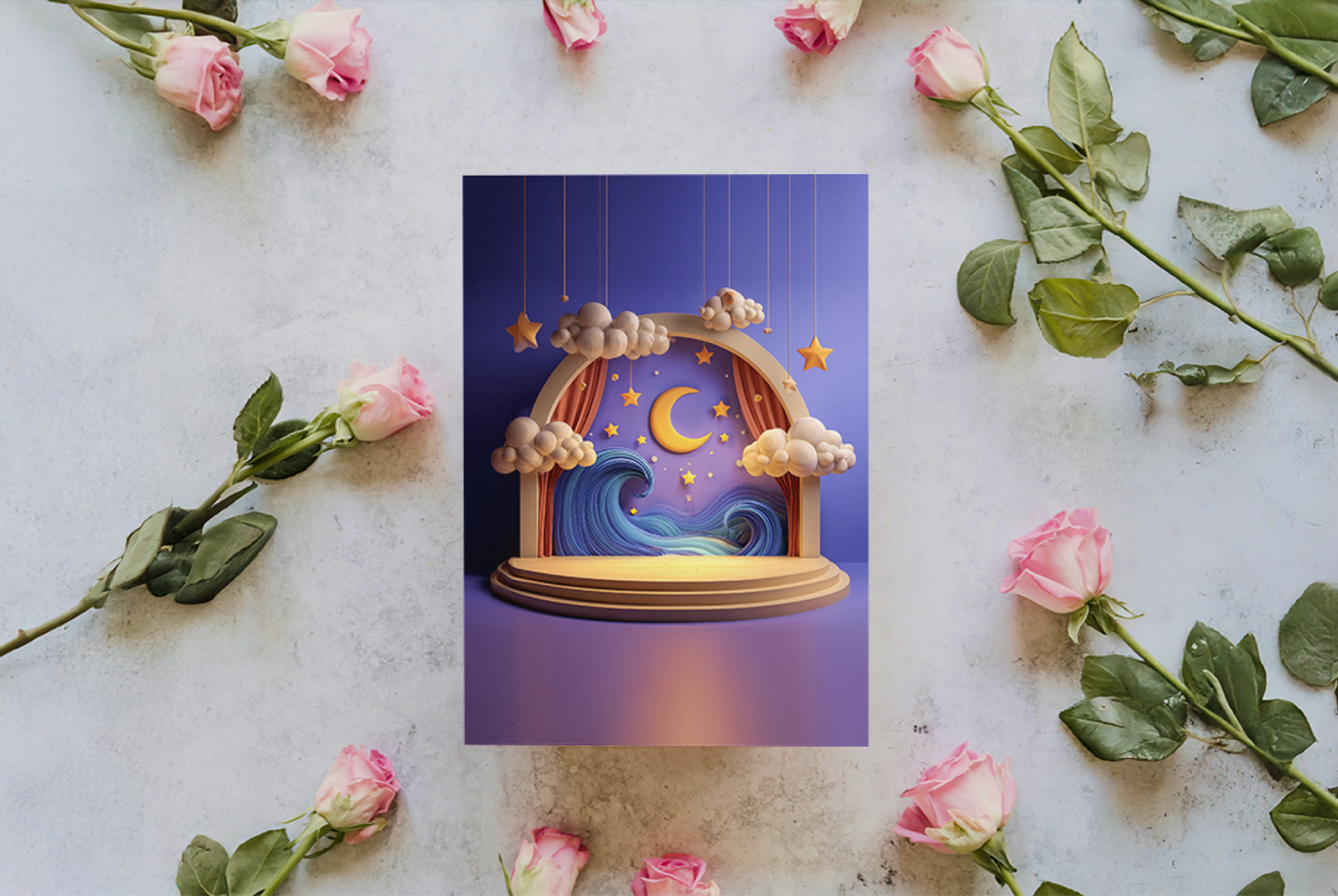 Decorative illustration of a fantasy scene with clouds, moon, and stars on a textured surface with flowers.
